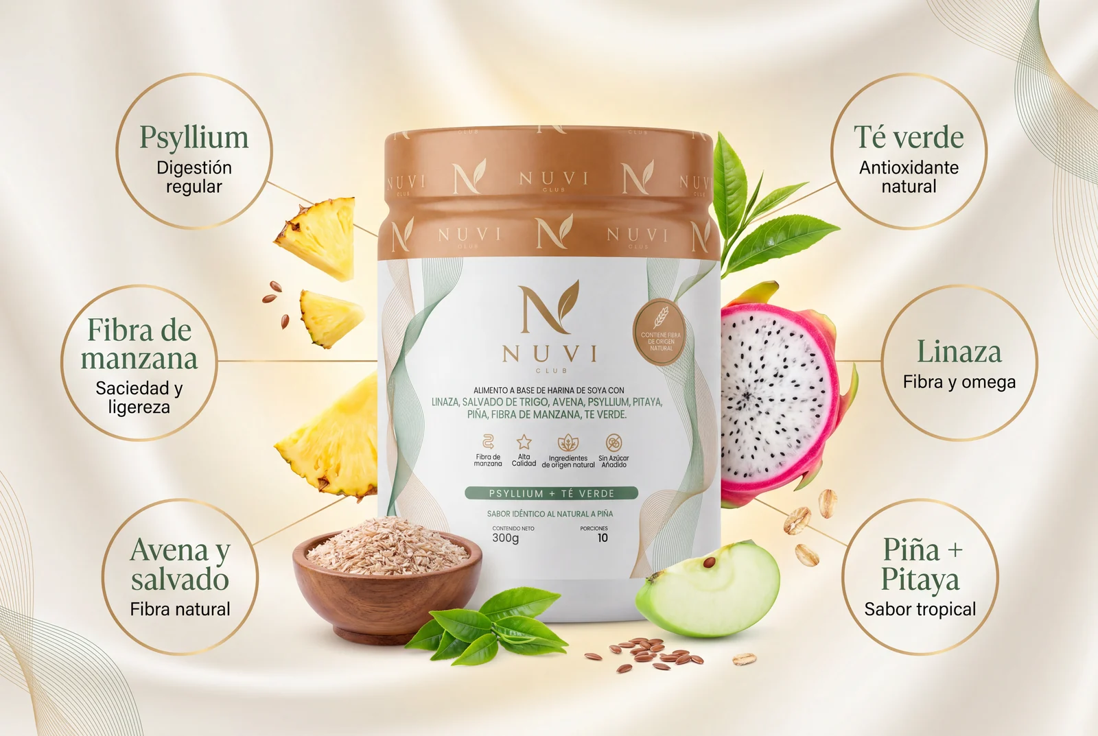 Nuvi Fiber Balance — fibra natural con psyllium, té verde y fibra de manzana